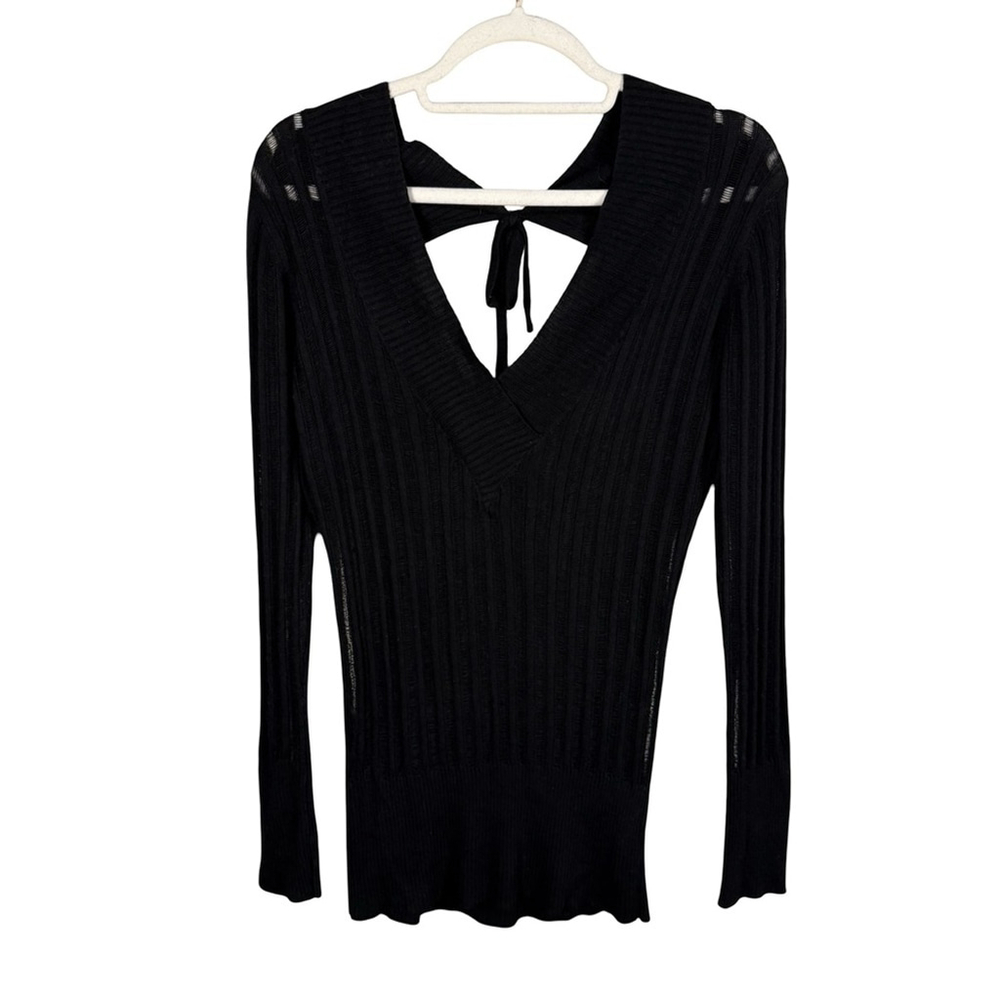 Foxy Jeans Y2K Retro Black Ribbed Knit V Neck Sweater Size S Open Back